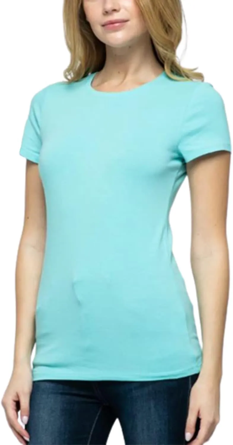 Women's Crewneck Short Sleeve Slim Fitted T-Shirt Solid Basic Tee Stretchy Casual Top