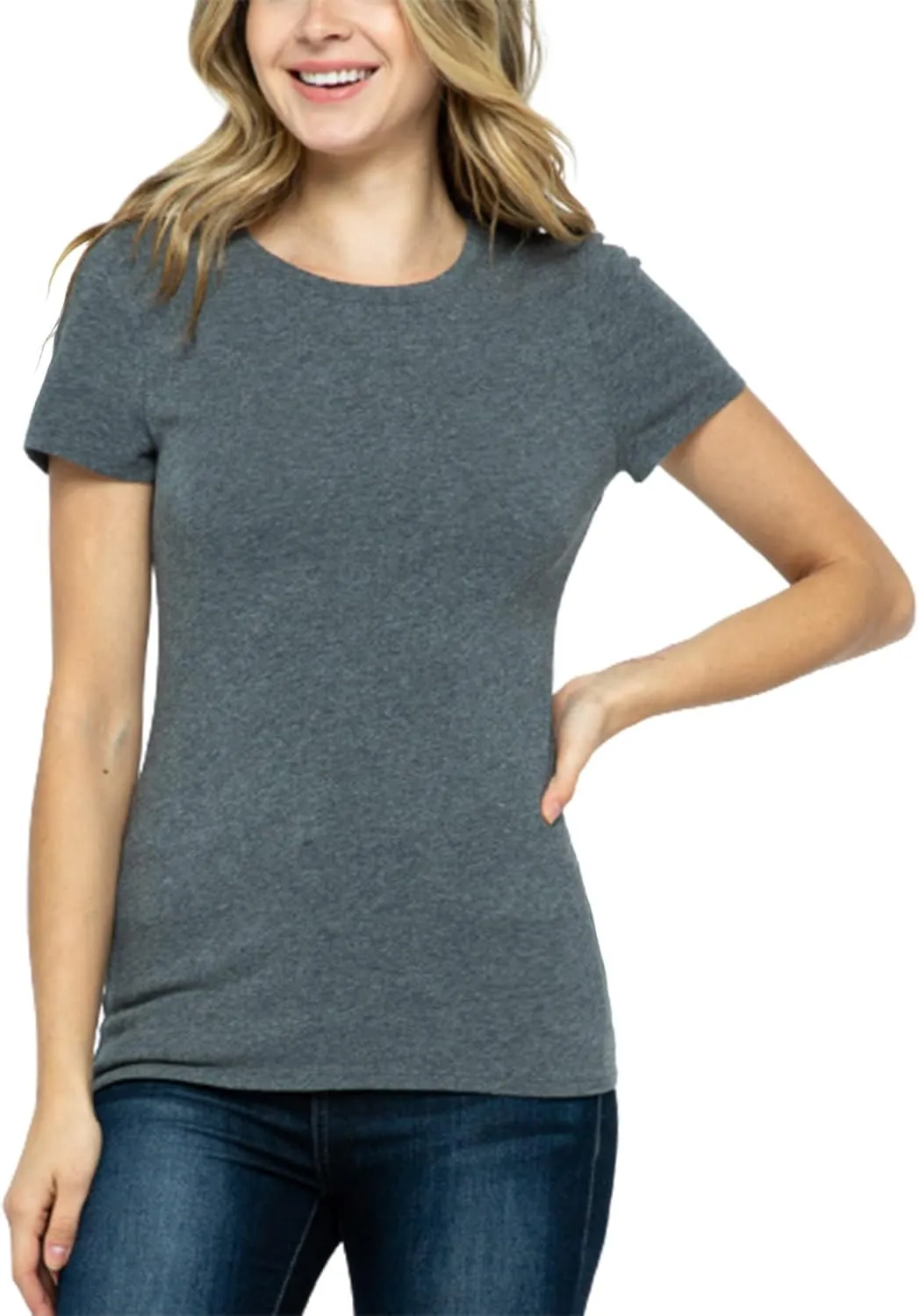 Women's Crewneck Short Sleeve Slim Fitted T-Shirt Solid Basic Tee Stretchy Casual Top