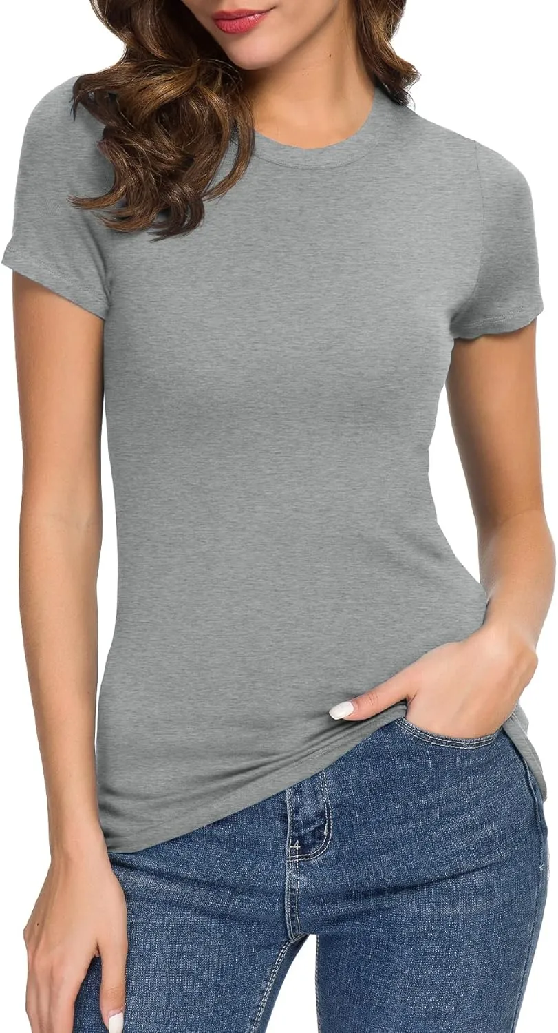 Women's Crewneck Slim Fitted Short Sleeve T-Shirt Stretchy Bodycon Basic Tee Tops
