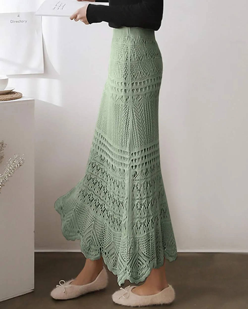 Women's Crochet Knitted Stretchy High Waist Hollow Out Lined Lace Maxi Skirt