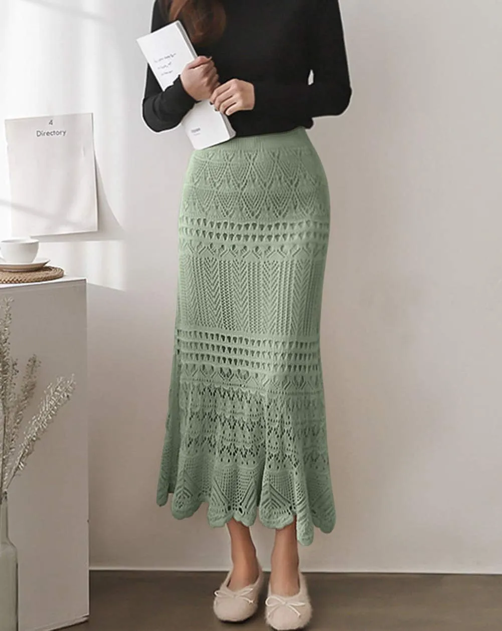 Women's Crochet Knitted Stretchy High Waist Hollow Out Lined Lace Maxi Skirt