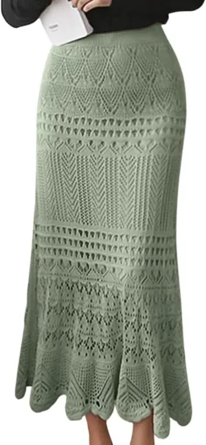 Women's Crochet Knitted Stretchy High Waist Hollow Out Lined Lace Maxi Skirt