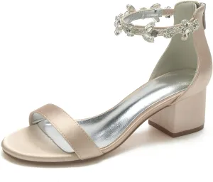 Women's Crystal Block Heels Satin Wedding Shoes for Bride Low Heels Comfortable Bridal Shoes White Heels Chunky Formal Evening Party Prom Sandals Pumps