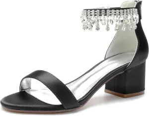 Women's Crystal Satin Wedding Shoes for Bride Low Heels Comfortable Bridal Shoes White Block Heels Chunky Formal Evening Party Prom Sandals Pumps