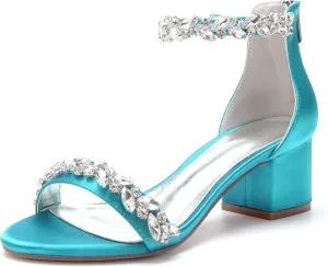 Women's Crystal Satin Wedding Shoes for Bride Low Heels Comfortable Bridal Shoes White Block Heels Chunky Formal Evening Party Prom Sandals Pumps