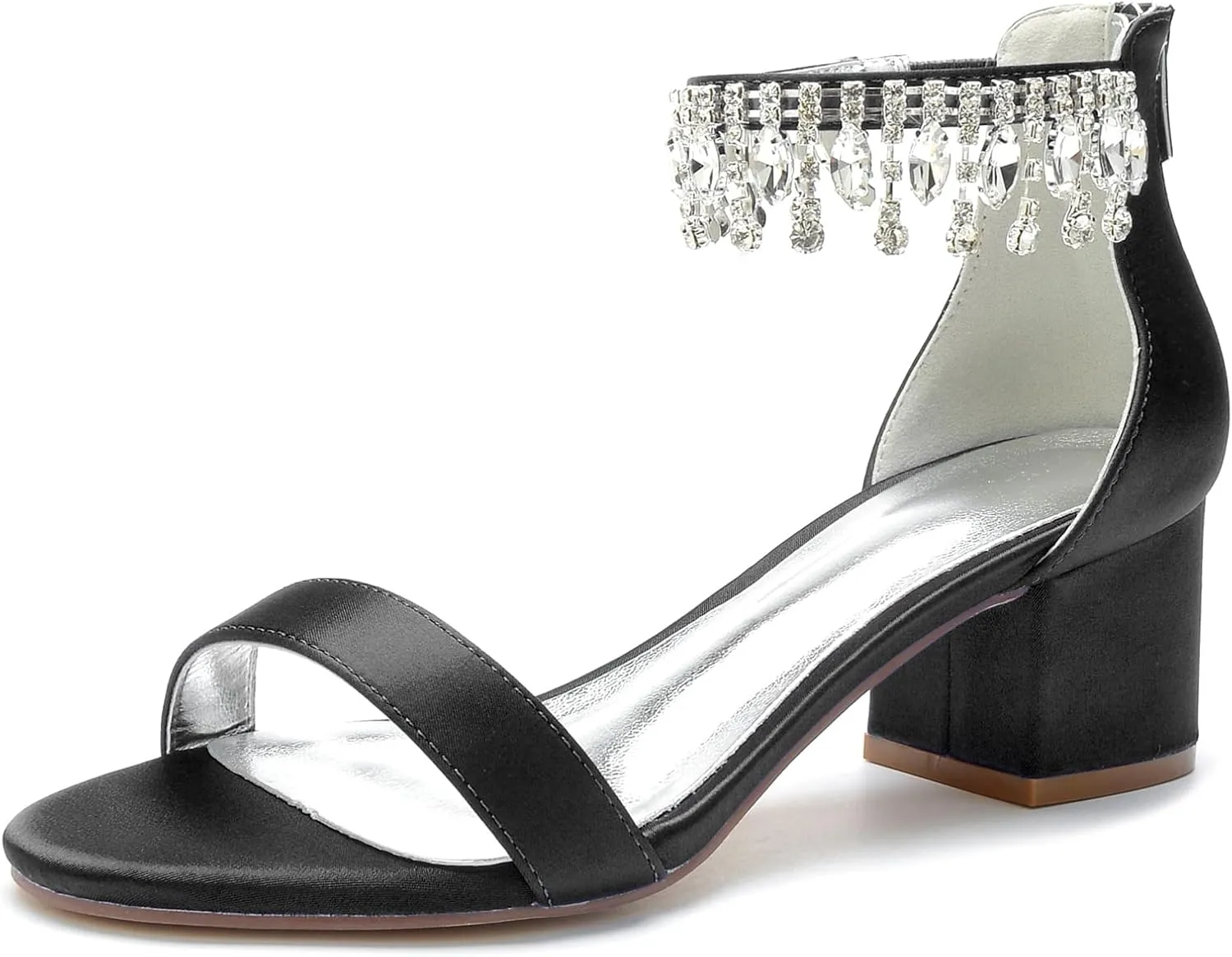Women's Crystal Satin Wedding Shoes for Bride Low Heels Comfortable Bridal Shoes White Block Heels Chunky Formal Evening Party Prom Sandals Pumps