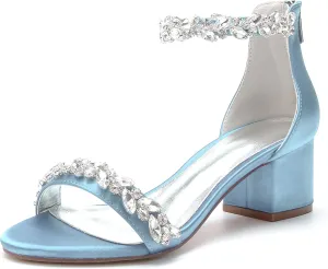 Women's Crystal Satin Wedding Shoes for Bride Low Heels Comfortable Bridal Shoes White Block Heels Chunky Formal Evening Party Prom Sandals Pumps