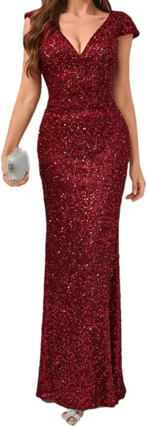 Women's Deep V-Neck Short Sleeve Formal Sequin Party Evening Dress