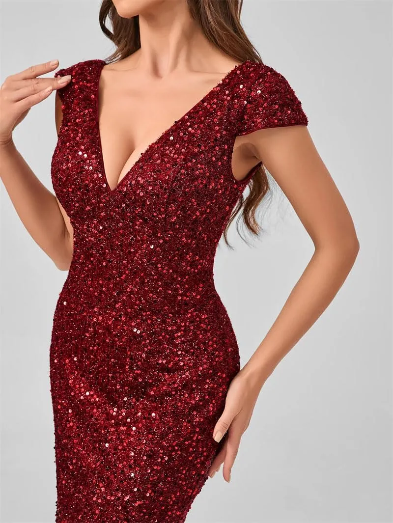 Women's Deep V-Neck Short Sleeve Formal Sequin Party Evening Dress