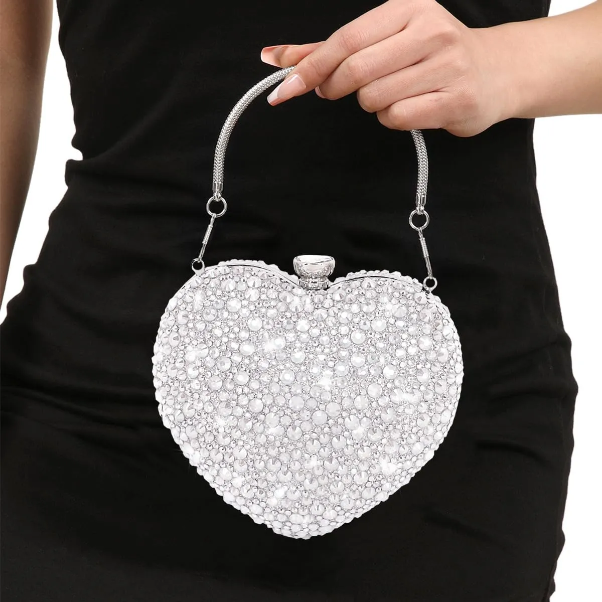 Womens Elegant Heart Type Evening Bag Shiny Rhinestone Clutch Purse Party Wedding Prom Handbag Chain Shoulder Bag