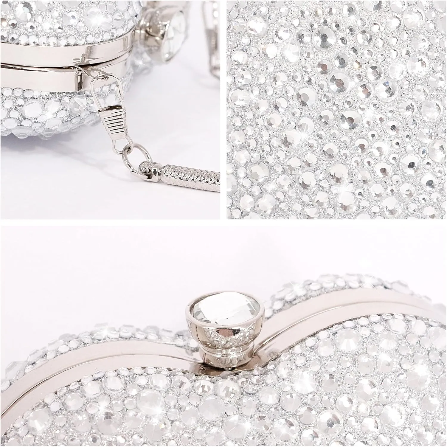 Womens Elegant Heart Type Evening Bag Shiny Rhinestone Clutch Purse Party Wedding Prom Handbag Chain Shoulder Bag