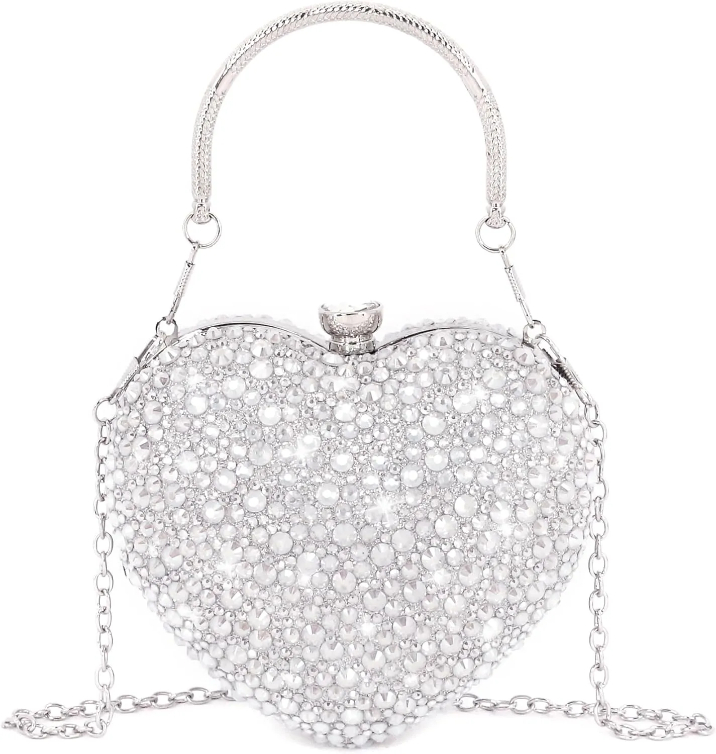 Womens Elegant Heart Type Evening Bag Shiny Rhinestone Clutch Purse Party Wedding Prom Handbag Chain Shoulder Bag
