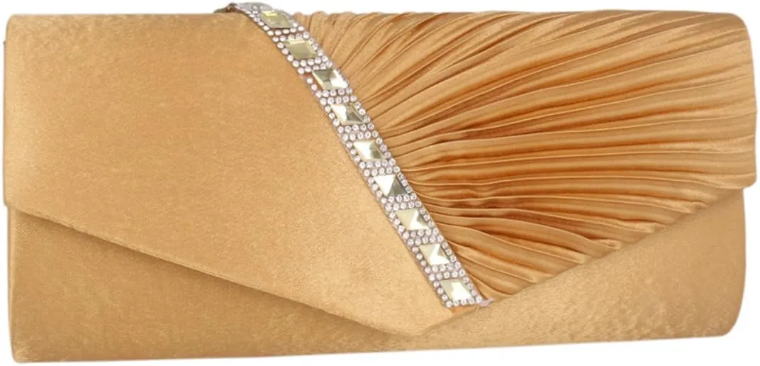 Womens Evening Bag Satin Pleated Rhinestone Elegant Flap Clutch Purse