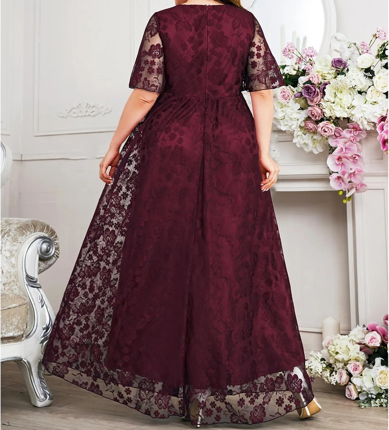 Women's Floral Lace Long Dress Half Sleeve V-Neck Plus Size Beach Party Evening Flowy Dresses