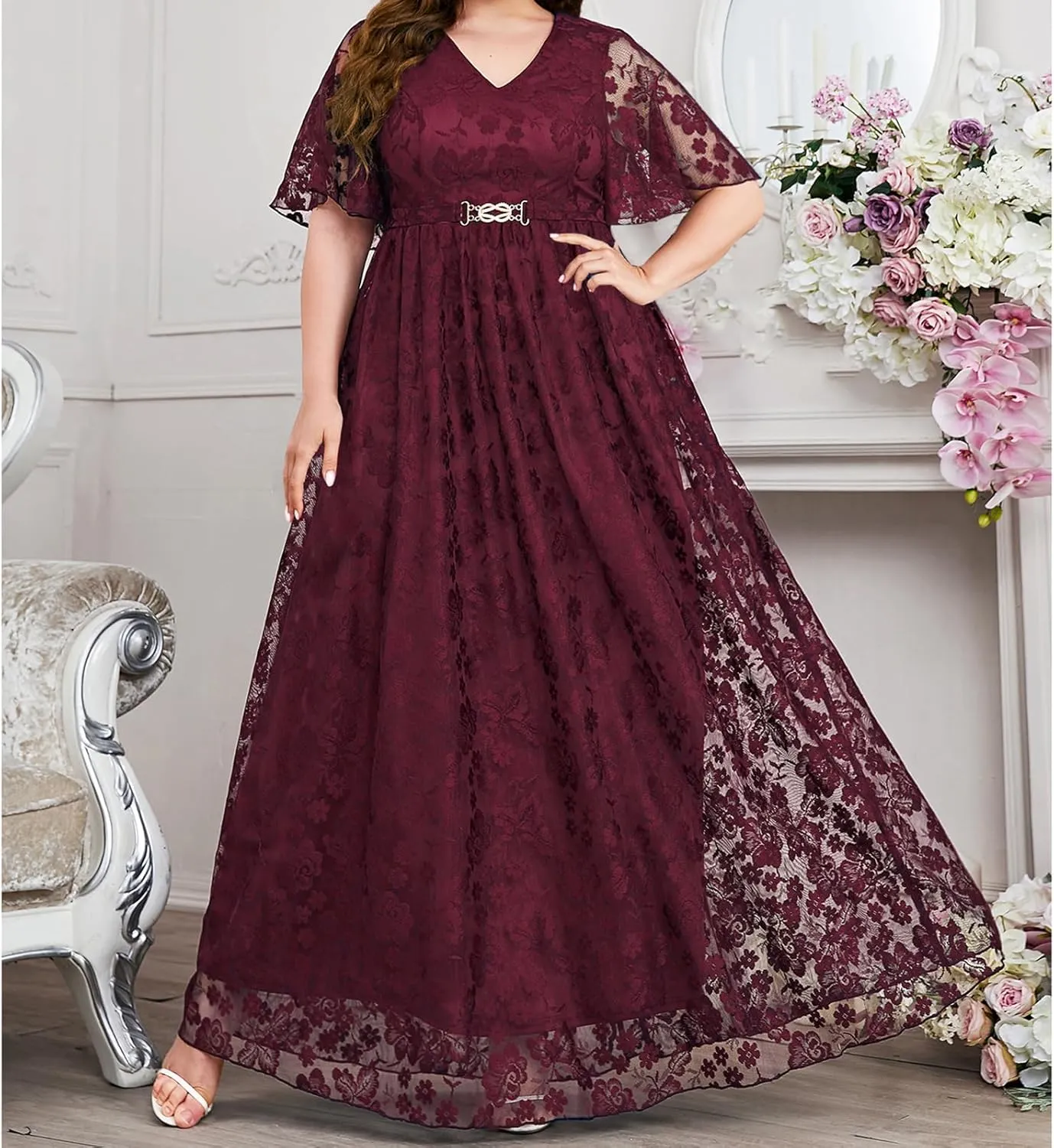 Women's Floral Lace Long Dress Half Sleeve V-Neck Plus Size Beach Party Evening Flowy Dresses