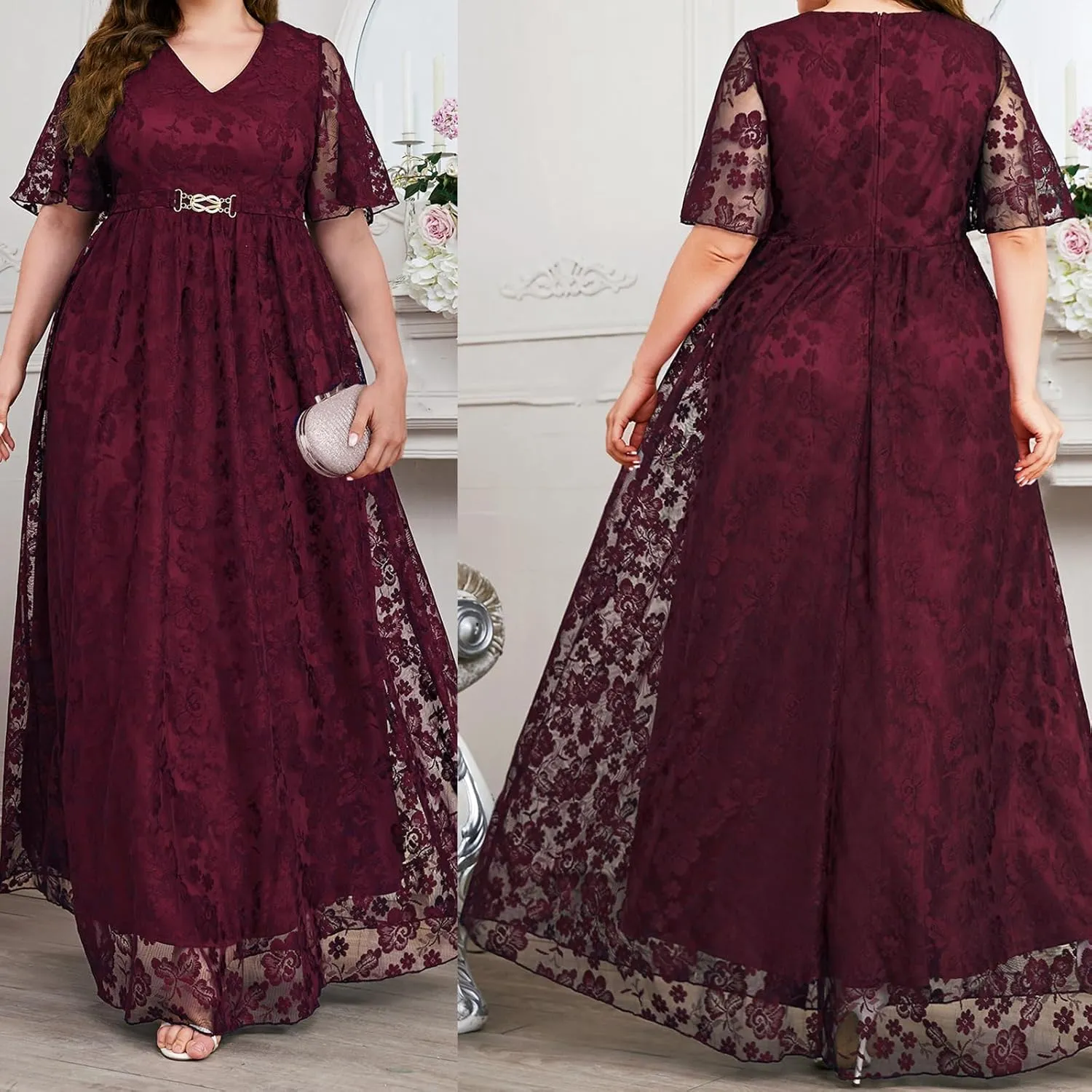Women's Floral Lace Long Dress Half Sleeve V-Neck Plus Size Beach Party Evening Flowy Dresses