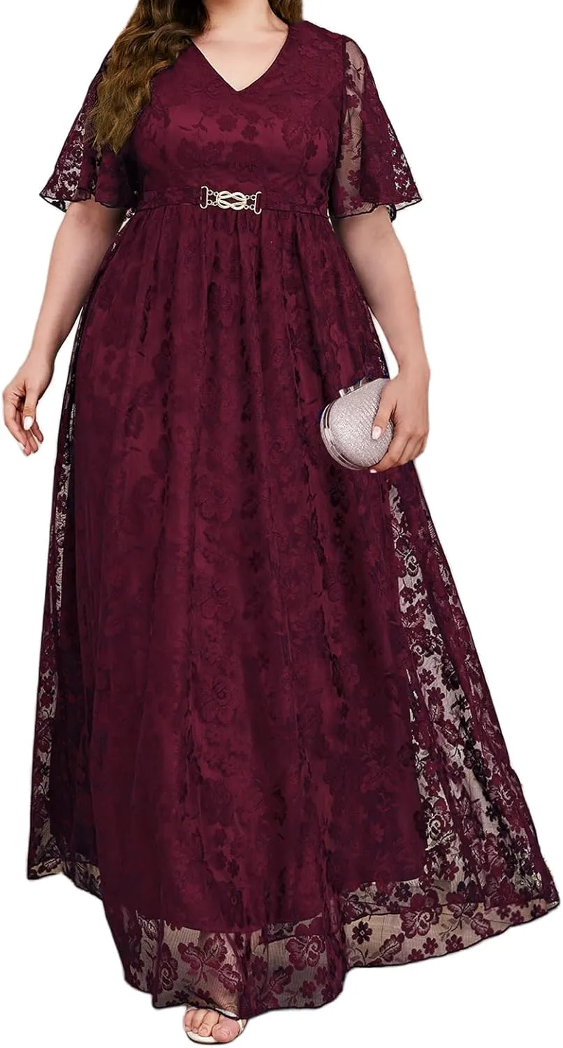 Women's Floral Lace Long Dress Half Sleeve V-Neck Plus Size Beach Party Evening Flowy Dresses