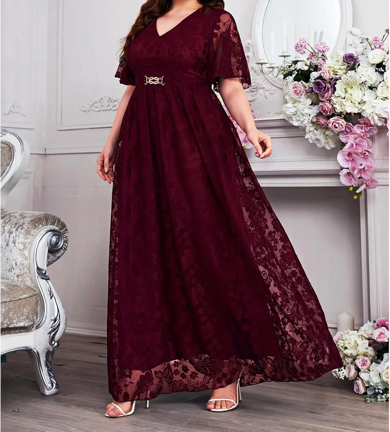 Women's Floral Lace Long Dress Half Sleeve V-Neck Plus Size Beach Party Evening Flowy Dresses