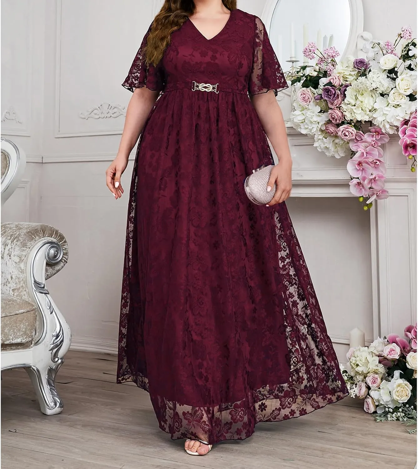 Women's Floral Lace Long Dress Half Sleeve V-Neck Plus Size Beach Party Evening Flowy Dresses