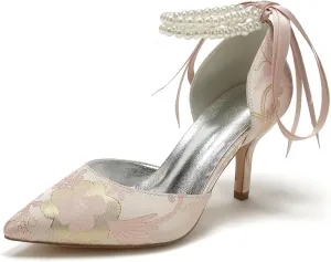 Women's Floral Satin Pointed Toe Kitten Heels Pearl Wedding Shoes for Bride Prom Party Dress Shoes Pumps