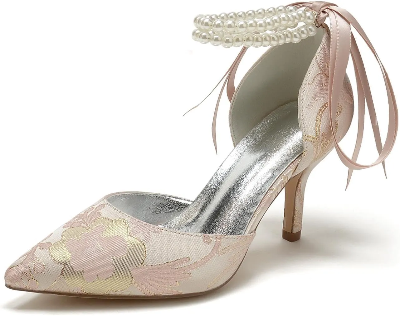Women's Floral Satin Pointed Toe Kitten Heels Pearl Wedding Shoes for Bride Prom Party Dress Shoes Pumps