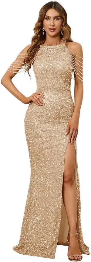 Women's Formal Halterneck Sequin Prom Dress Long, Bead Tassel Sleeveless Slim Fit Mermaid Cocktail Dress Maxi Gowns