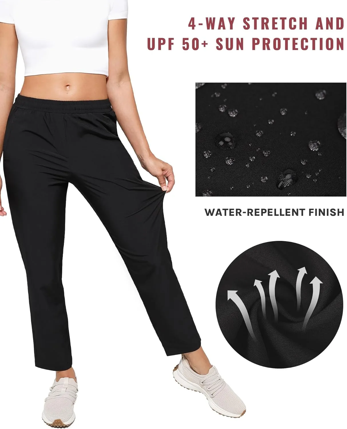 Womens Golf Pants Quick Dry Ultra Light Stretch Pockets Soft Workout Pants for Travel with Inside Drawstrings