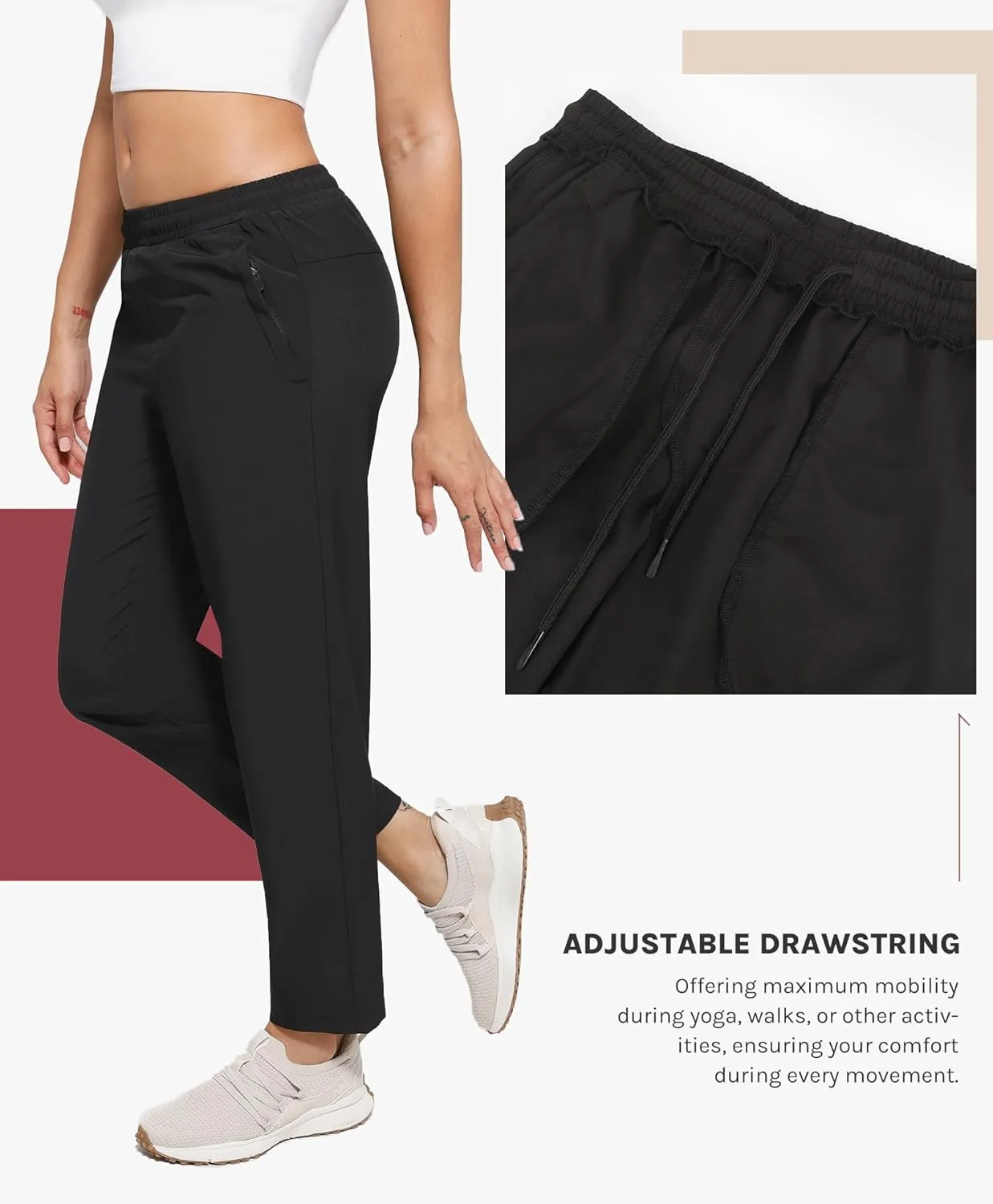 Womens Golf Pants Quick Dry Ultra Light Stretch Pockets Soft Workout Pants for Travel with Inside Drawstrings