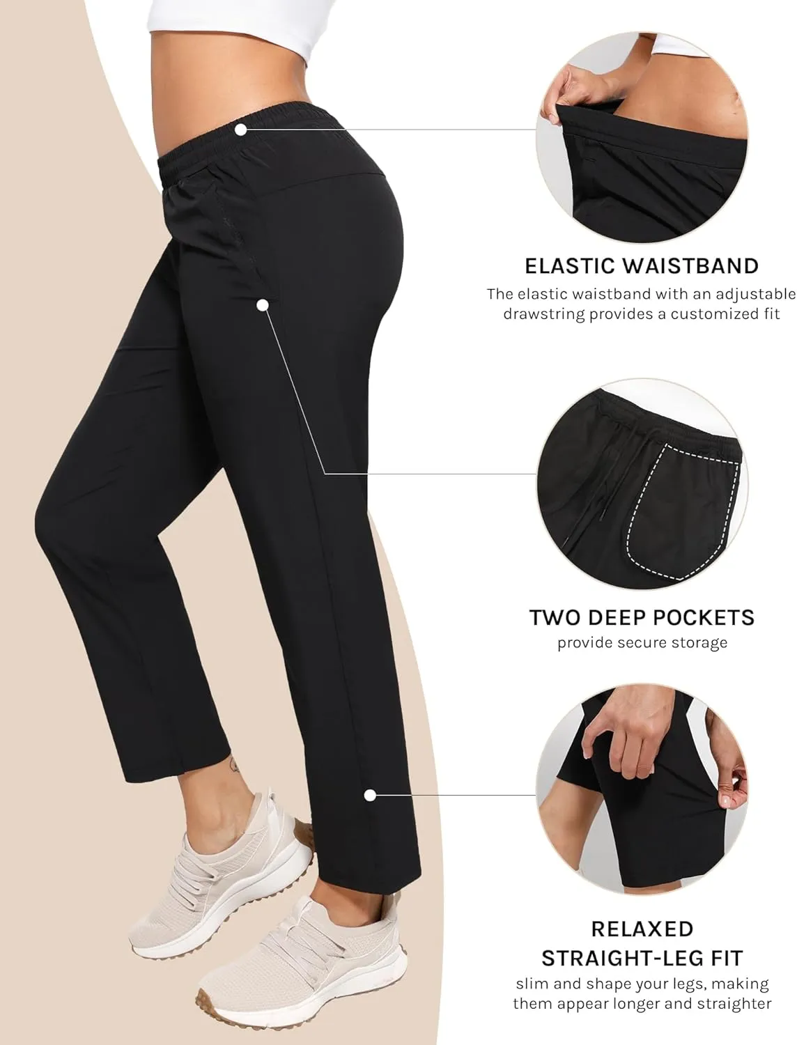 Womens Golf Pants Quick Dry Ultra Light Stretch Pockets Soft Workout Pants for Travel with Inside Drawstrings