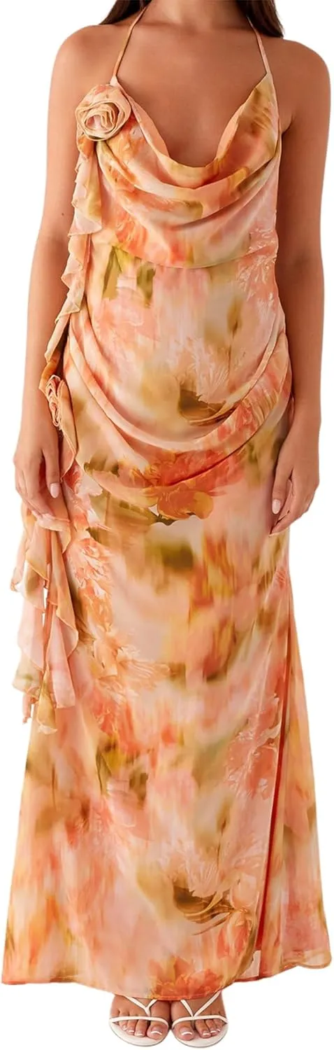Women's Halter Bodycon Dress Cowl Neck Tie Backless Maxi Dresses Y2k Formal Cocktail Going Out Beachwear