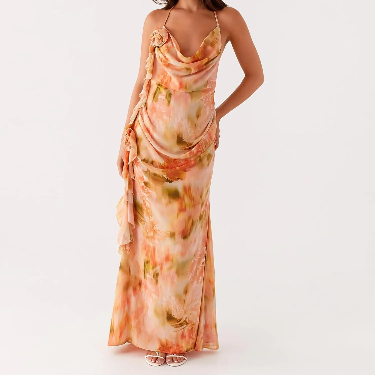 Women's Halter Bodycon Dress Cowl Neck Tie Backless Maxi Dresses Y2k Formal Cocktail Going Out Beachwear