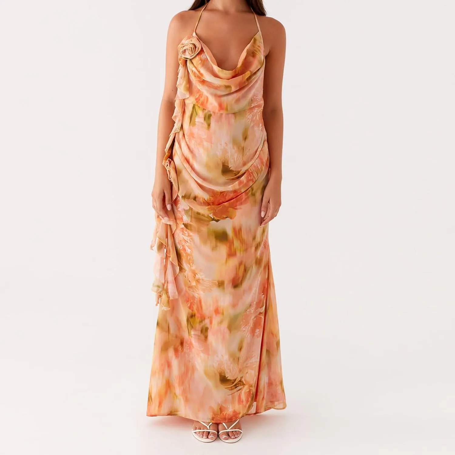 Women's Halter Bodycon Dress Cowl Neck Tie Backless Maxi Dresses Y2k Formal Cocktail Going Out Beachwear