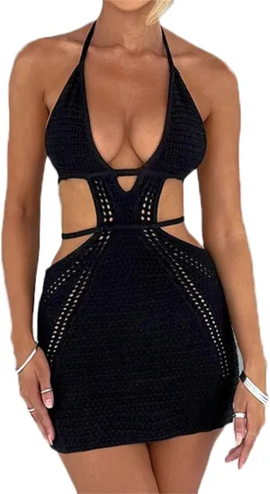 Women's Halter Bodycon Mini Dress Sleeveless Tie Backless Hollow Out Corset Knit Dress Wrap Dresses
