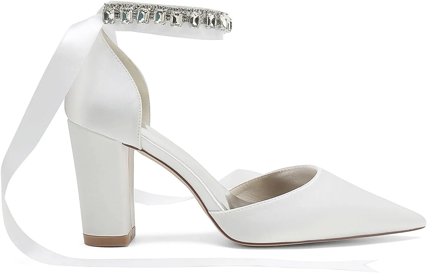 Women's High Chunky Closed Toe Block Heels Satin Crystal Wedding Party Pumps Shoes for Prom Evening Party