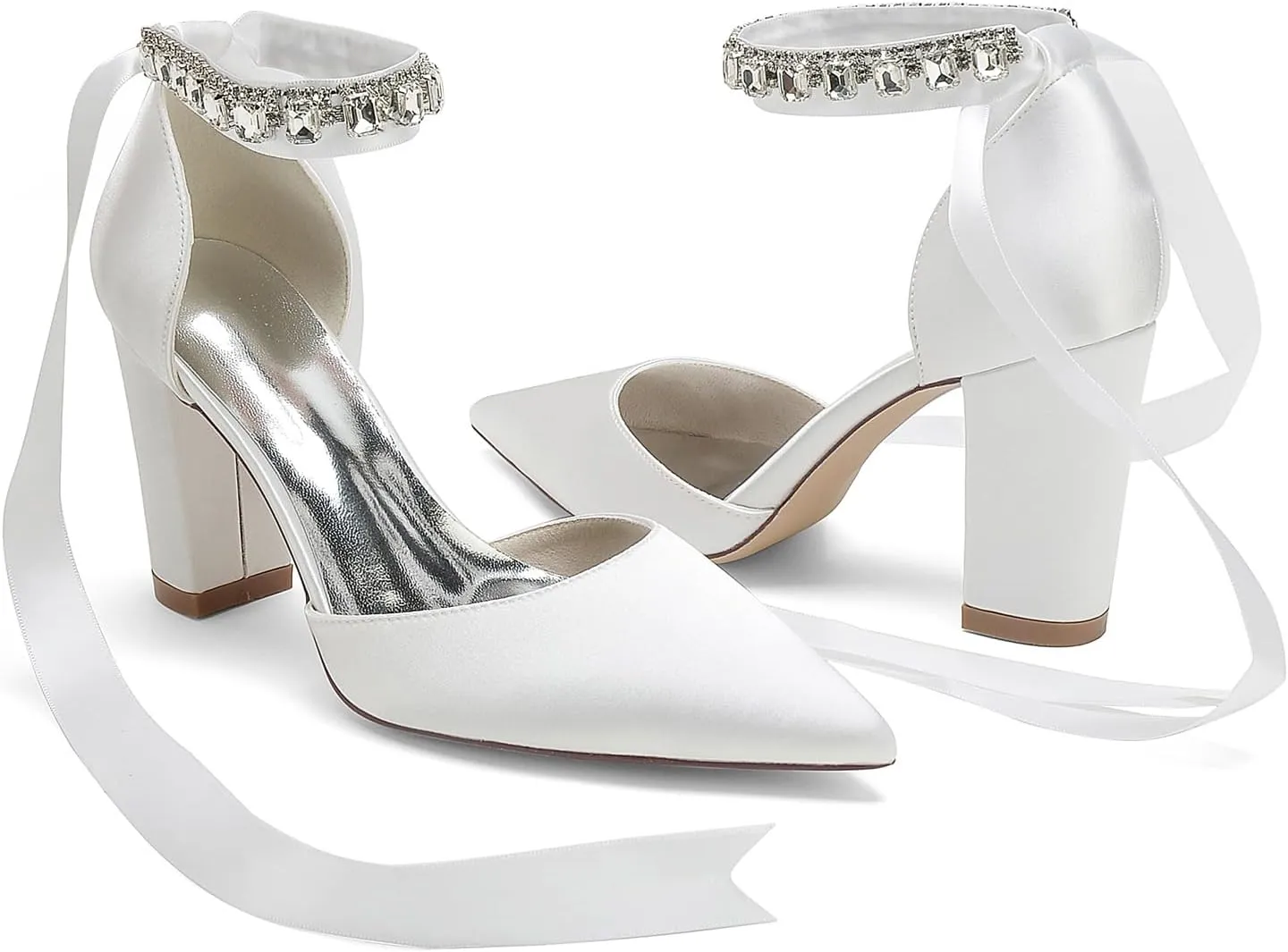 Women's High Chunky Closed Toe Block Heels Satin Crystal Wedding Party Pumps Shoes for Prom Evening Party