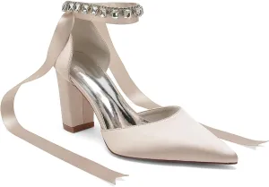 Women's High Chunky Closed Toe Block Heels Satin Crystal Wedding Party Pumps Shoes for Prom Evening Party