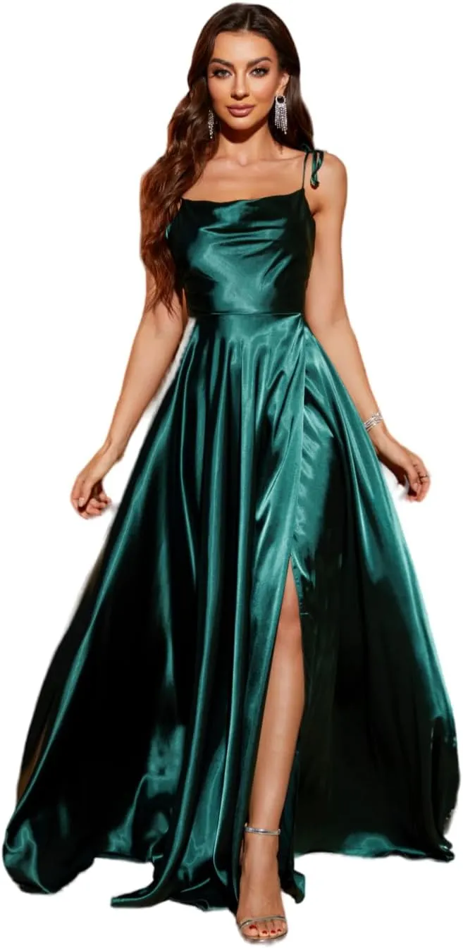Women's High Split Satin Satin A-line Long Formal Dresses2024 Spaghetti Straps Backless Sexy Evening Gowns with Floor Length
