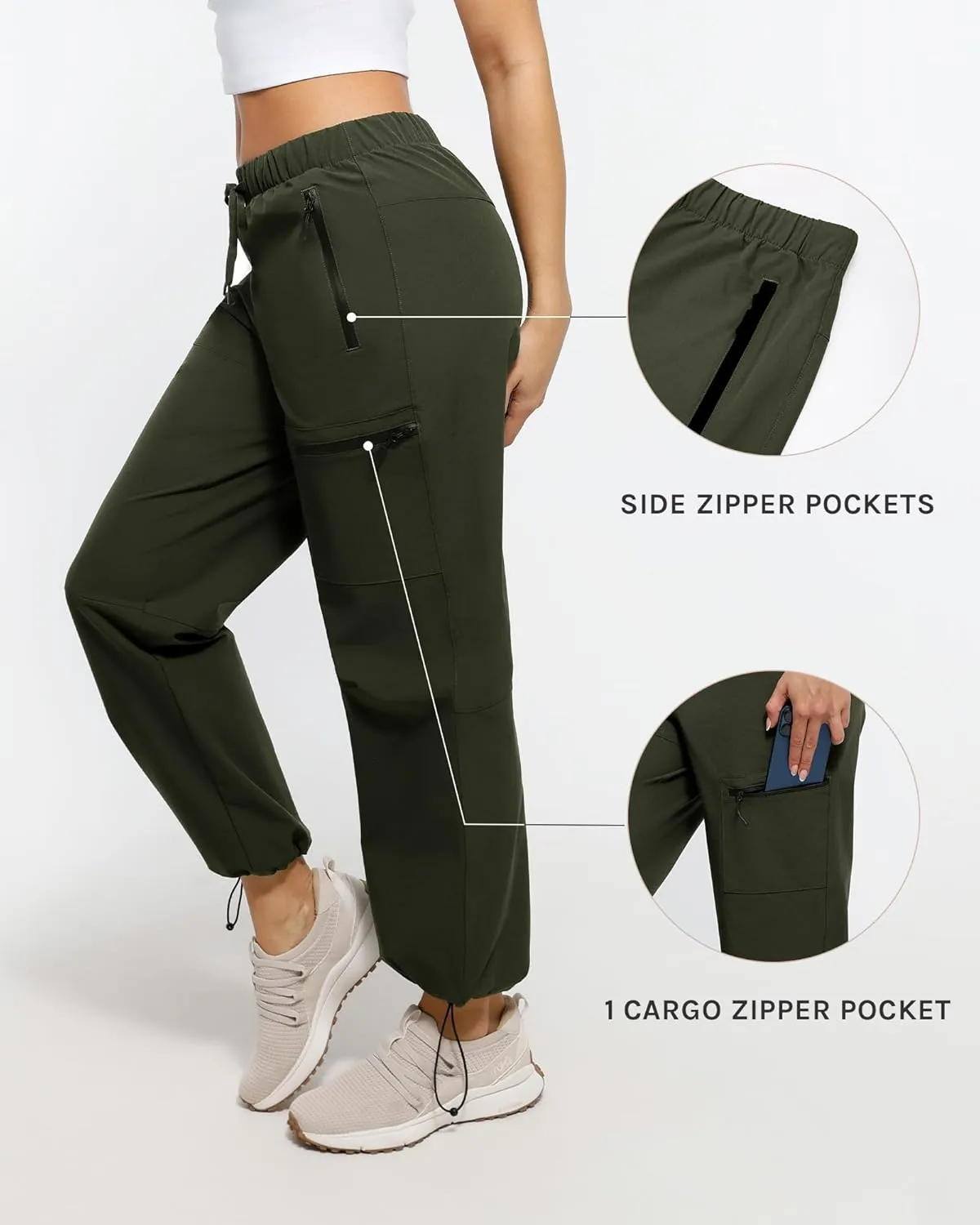 Women's Hiking Cargo Pants Quick Dry Lightweight Joggers with Multiple Zipper Pockets Adjustable Cuffs for Travel