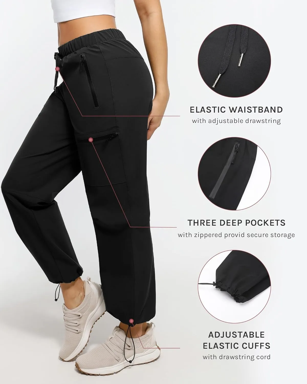 Women's Hiking Cargo Pants Quick Dry Lightweight Joggers with Multiple Zipper Pockets Adjustable Cuffs for Travel