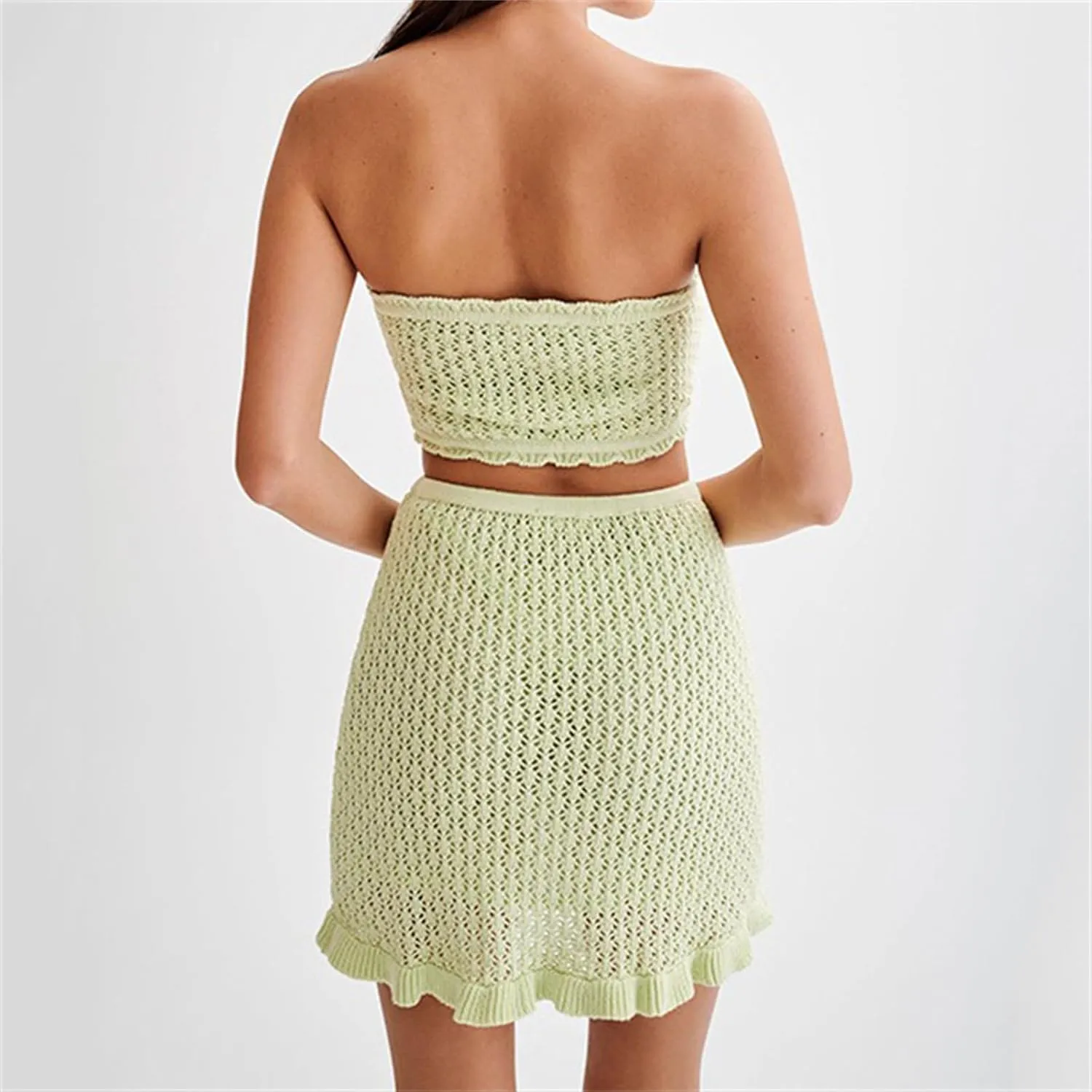 Women's Hollow Out Knit Scalloped Elastic Waist Swimsuit Beach Cover Up Mini Skirt