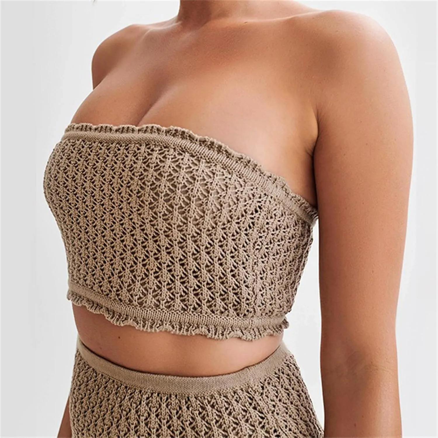Women's Hollow Out Knit Scalloped Elastic Waist Swimsuit Beach Cover Up Mini Skirt