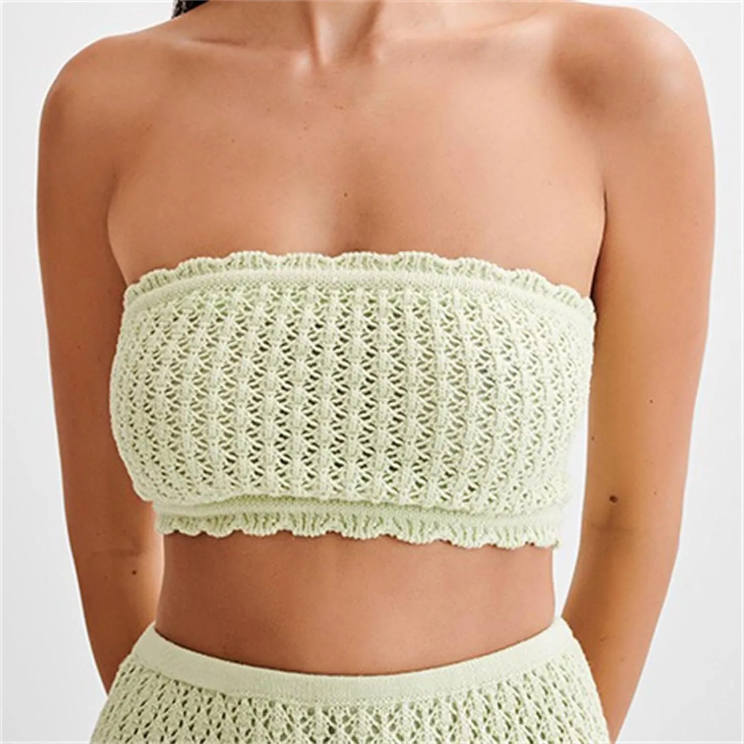 Women's Hollow Out Knit Scalloped Elastic Waist Swimsuit Beach Cover Up Mini Skirt