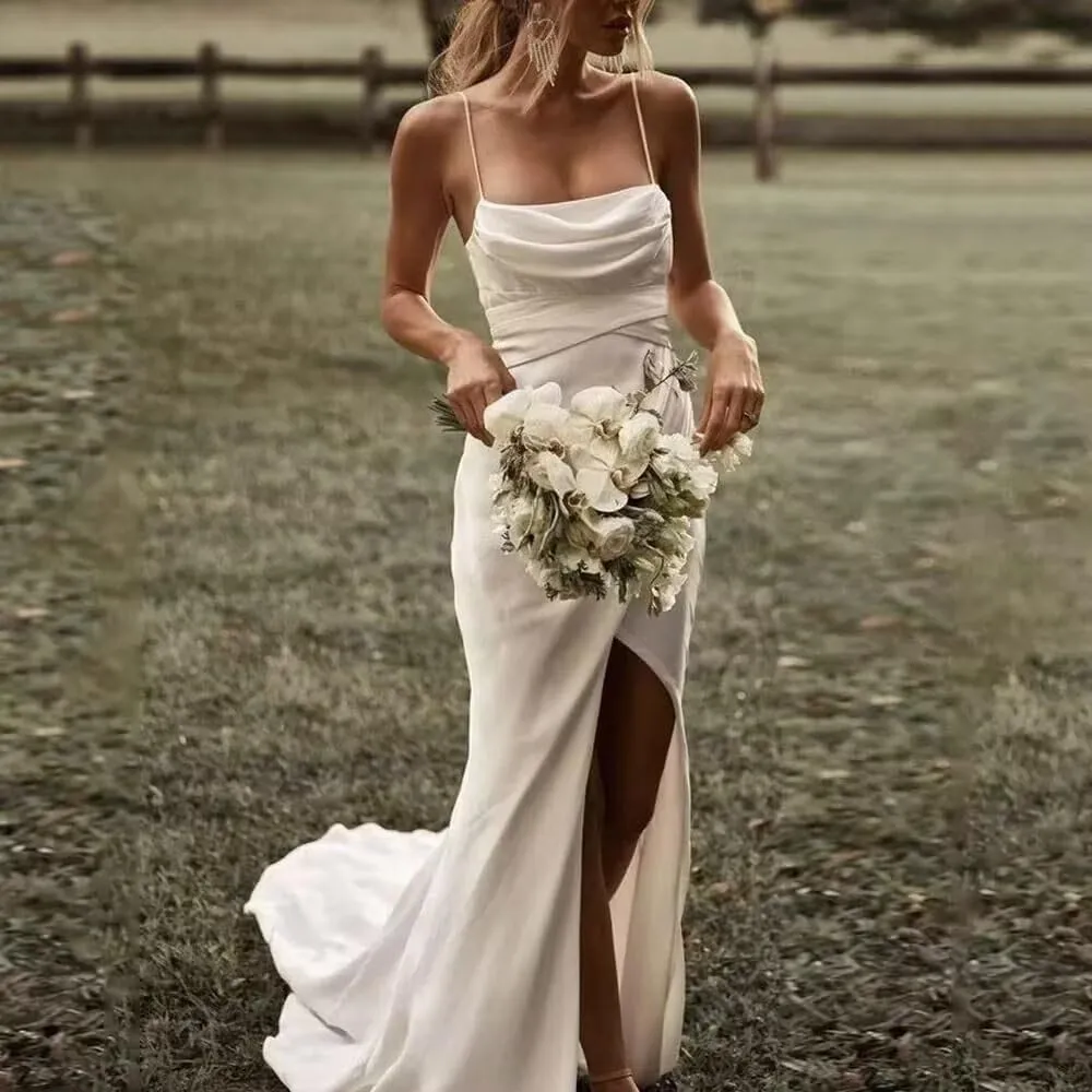 Women's Lace Applique Mermaid Wedding Dresses for Bride Beach Boho Wedding Bridal Gowns