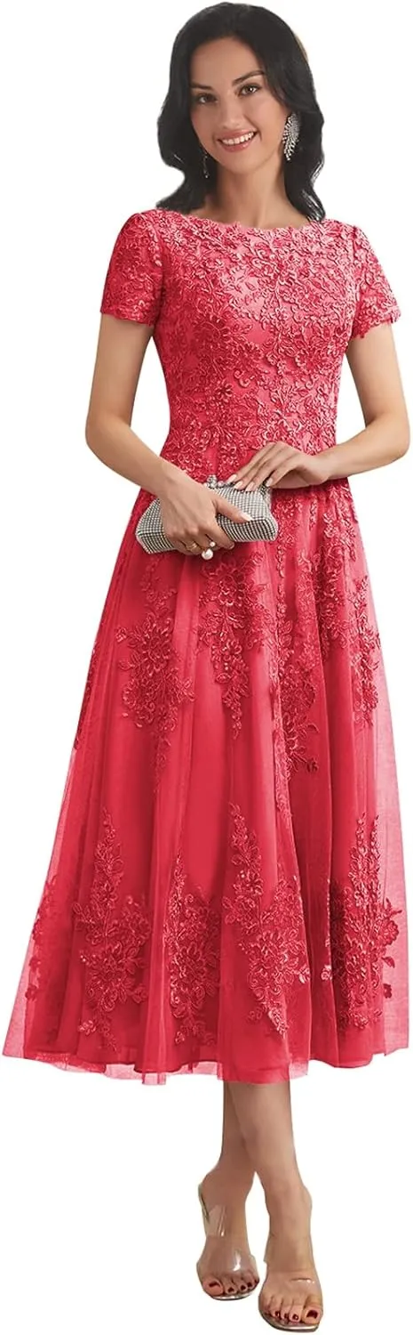 Women's Lace Applique Mother of The Bride Dresses for Wedding with Sleeves Tea Length Tulle Formal Gown