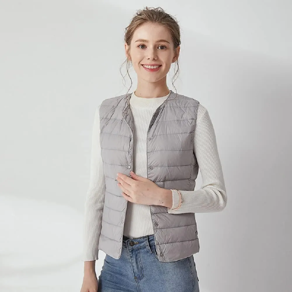 Women's Lightweight Down Vest Crewneck Button Down Packable Puffer Vest Ultra Light Slim Fit Sleeveless Waistcoat