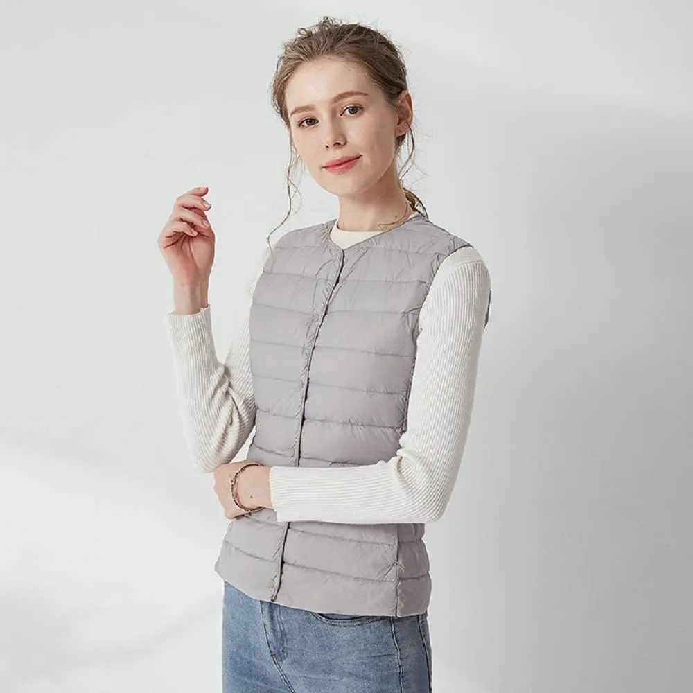 Women's Lightweight Down Vest Crewneck Button Down Packable Puffer Vest Ultra Light Slim Fit Sleeveless Waistcoat