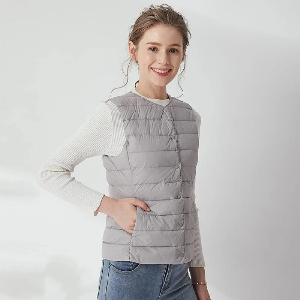 Women's Lightweight Down Vest Crewneck Button Down Packable Puffer Vest Ultra Light Slim Fit Sleeveless Waistcoat