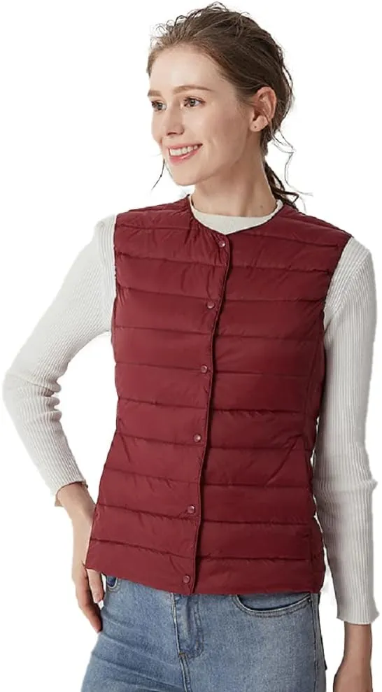 Women's Lightweight Down Vest Crewneck Button Down Packable Puffer Vest Ultra Light Slim Fit Sleeveless Waistcoat