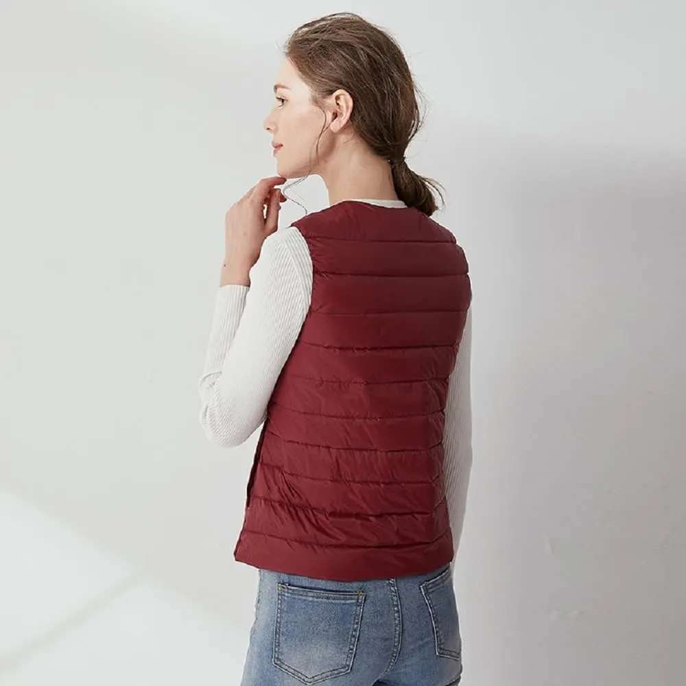 Women's Lightweight Down Vest Crewneck Button Down Packable Puffer Vest Ultra Light Slim Fit Sleeveless Waistcoat