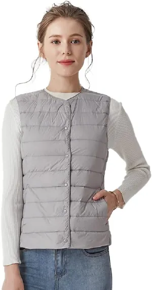 Women's Lightweight Down Vest Crewneck Button Down Packable Puffer Vest Ultra Light Slim Fit Sleeveless Waistcoat